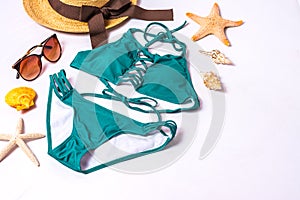 Accessories for summer Fashion woman swimsuit bikini outfit to essentials travel tropical sea