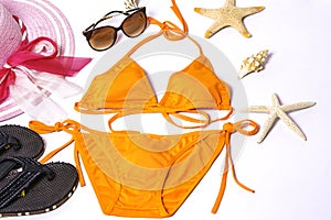 Accessories for summer Fashion woman swimsuit bikini outfit to essentials travel tropical sea