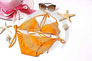 Accessories for summer Fashion woman swimsuit bikini outfit to essentials travel tropical sea