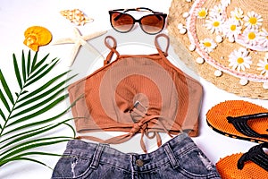 Accessories for summer Fashion woman swimsuit bikini outfit to essentials travel tropical sea