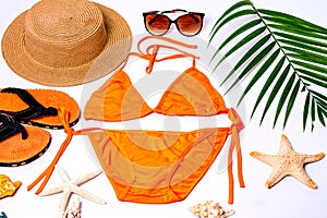 Accessories for summer Fashion woman swimsuit bikini outfit to essentials travel tropical sea