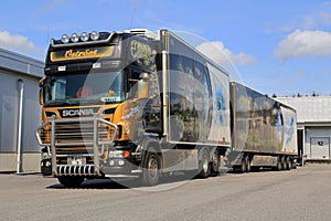 Accessorized Scania V8 Trailer Truck Transports Frozen Food