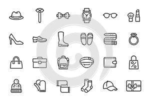 Accessory, Fashion Line Icons. Vector Illustration Included Icon as Footwear, High Heels Shoes, Bow Tie, Backpack