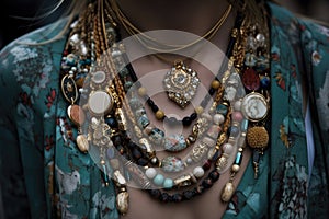accessory and jewelry trend of layering multiple necklaces or wearing a mix of statement pieces