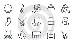 Accessory line icons. linear set. quality vector line set such as diamond necklace, purse, earring, cologne, perfumes, football