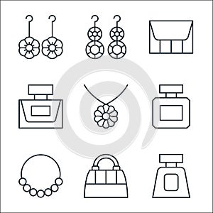 accessory line icons. linear set. quality vector line set such as perfume bottle, bag, pearl necklace, cologne, flower necklace,