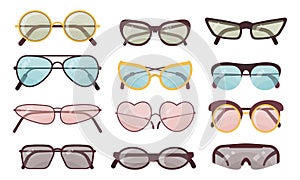 Accessory sun spectacles vector set. Collection of colorful sunglasses. Summer eyeglasses.