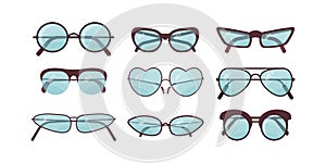 Accessory sun spectacles vector set. Collection of colorful sunglasses. Summer eyeglasses.