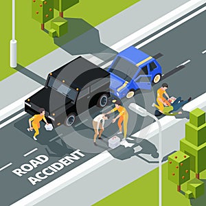 Accidence road. Paramedic first aid help to people police and medical workers vector isometric background photo