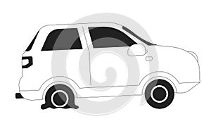Accident automobile with flat tire black and white 2D cartoon object