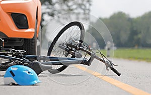 Accident car crash with bicycle on road