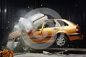 accident on the car. car with a falling car, An airbag deploying during a crash test, AI Generated