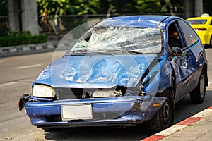 Accident of car on the road, damaged automobiles