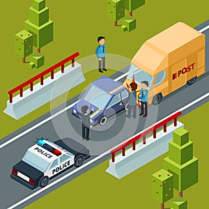 Accident on city road. Polices car and disasters vector isometric urban scene