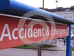 Accident and Emergency sign with British NHS Hospital