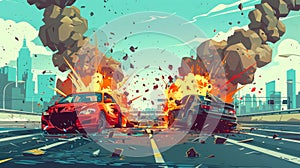 An accident on a highway against a cityscape background. Cartoon illustration of two flipped cars on the road after