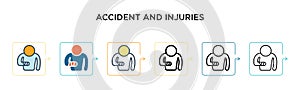 Accident and injuries vector icon in 6 different modern styles. Black, two colored accident and injuries icons designed in filled