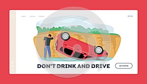 Accident, Insurance Situation Landing Page Template. Sad Driver Character Stand near Broken Car Fall from Cliff to Water