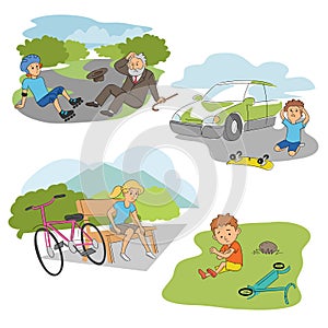 Accident with kids on road people scenes flat set