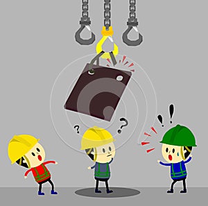 Accident from lifting chain holding heavy metal sheet above worker,unsafe situation,safety engineering cartoon style,Vector photo