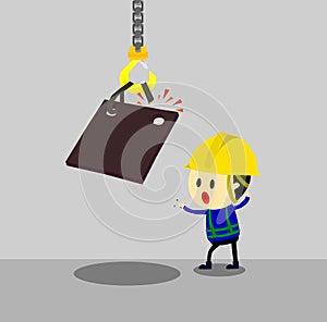 Accident from lifting chain holding heavy metal sheet above worker,unsafe situation,safety engineering cartoon style,Vector illust