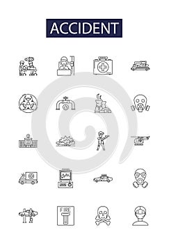 Accident line vector icons and signs. Crash, Smash, Collision, Bump, Smack, Fumble, Slip,Snag outline vector