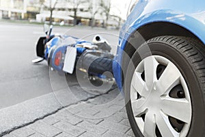 Accident motorcycle and cars on road