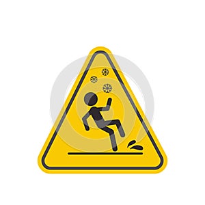 Accident prevention caution slippery ice yellow triangle,beware and careful sign, warning symbol, road and traffic