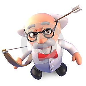 Accident prone mad scientist professor shoots himself in head with arrow, 3d illustration