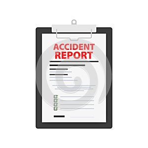 Accident report form. Write application. Clipboard document. Vector stock illustration.