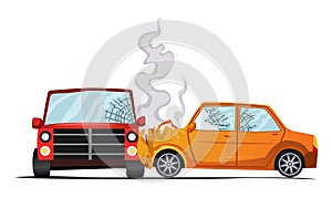 Accident on road. Car damaged vehicle. Illustration of crash vehicle, damage auto. Insurance case. Vector broken cartoon