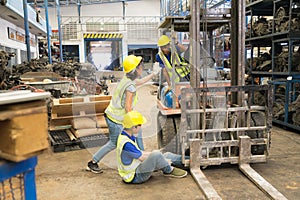 Accident of working man in extreme wide shot, forklift over leg of engineer. Asian engineer worker man was crushed by a forklift