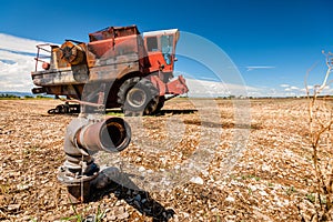 Accidental and burned tractor for grain processing