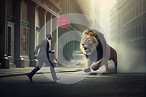 accidental meeting on the street between lion and businessman in suit, with both rushing to work