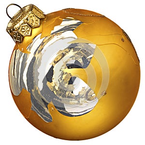 Accidentally broken golden Christmas glass ball isolated on a white background