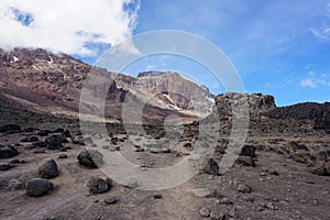 Acclimatization point Lava tower on the way up to Mount Kilimanjaro in Tanzania - stony desert landscape - high altitude