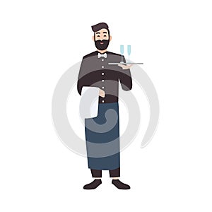 Accommodating waiter, restaurant waiting service worker or server carrying tray with drinks. Cute male cartoon character
