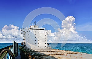 Accommodation bridge deck of Cargo ship sailing in the sea