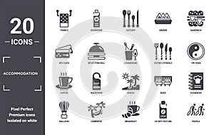 accommodation icon set. include creative elements as towels, sandwich, eating utensils, beach, hammock, coffee filled icons can be
