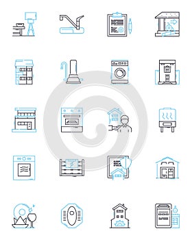 Accommodations market linear icons set. Hospitality, Lodging, Hotels, Resorts, Motels, Inns, Hostels line vector and