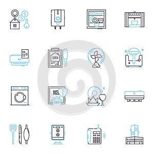 Accommodations market linear icons set. Hospitality, Lodging, Hotels, Resorts, Motels, Inns, Hostels line vector and