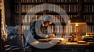 An accomplished writer, sitting in a library and some books on the desk