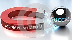Accomplishments helps achieving success - pictured as word Accomplishments and a magnet, to symbolize that Accomplishments