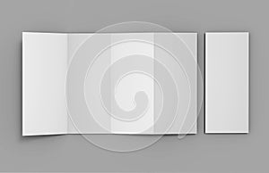 Accordion fold vertical brochure, eight page leaflet or brochure mockup, concertina fold. blank white 3d render illustration.