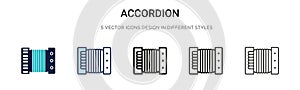 Accordion icon in filled, thin line, outline and stroke style. Vector illustration of two colored and black accordion vector icons