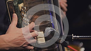 Accordion player - close up view of fingers on musical instrument