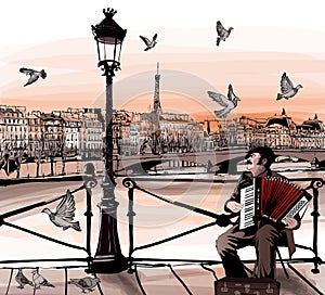 Accordionist playing on Pont des arts in Paris