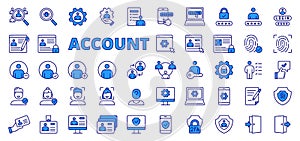 Account icons in line design, blue. User, login, password, username, social, verification, sign up, sign in