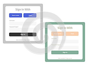 Account login and password form page on screen. Login page. sign up web forms with the detailed description. Pop up with buttons
