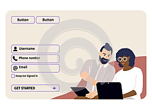 Account login and password form page on screen. Login page. sign up web forms with the detailed description. Pop up with buttons